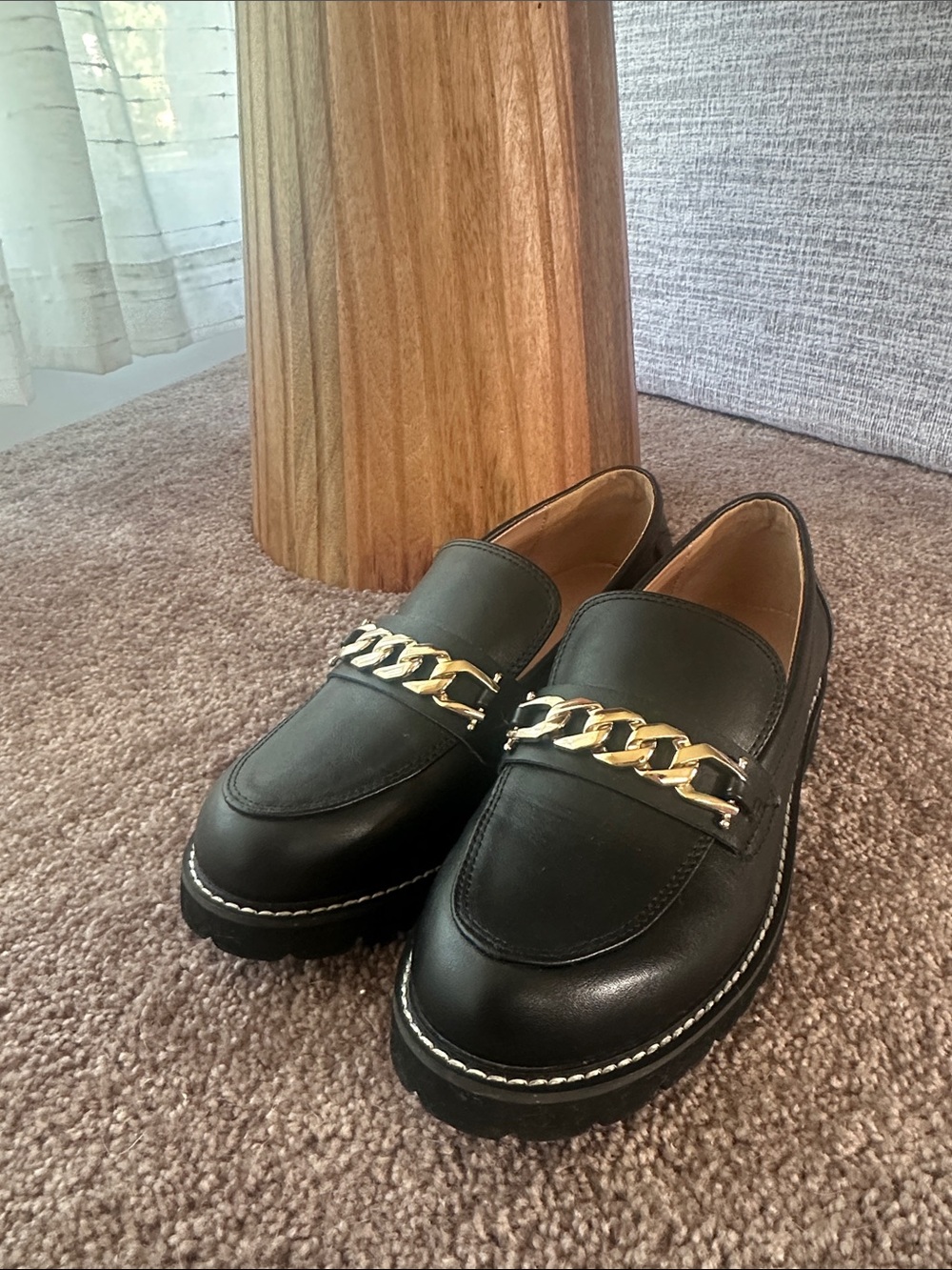 BCBGeneration Black Leather Chain-Accent Women's Loafers